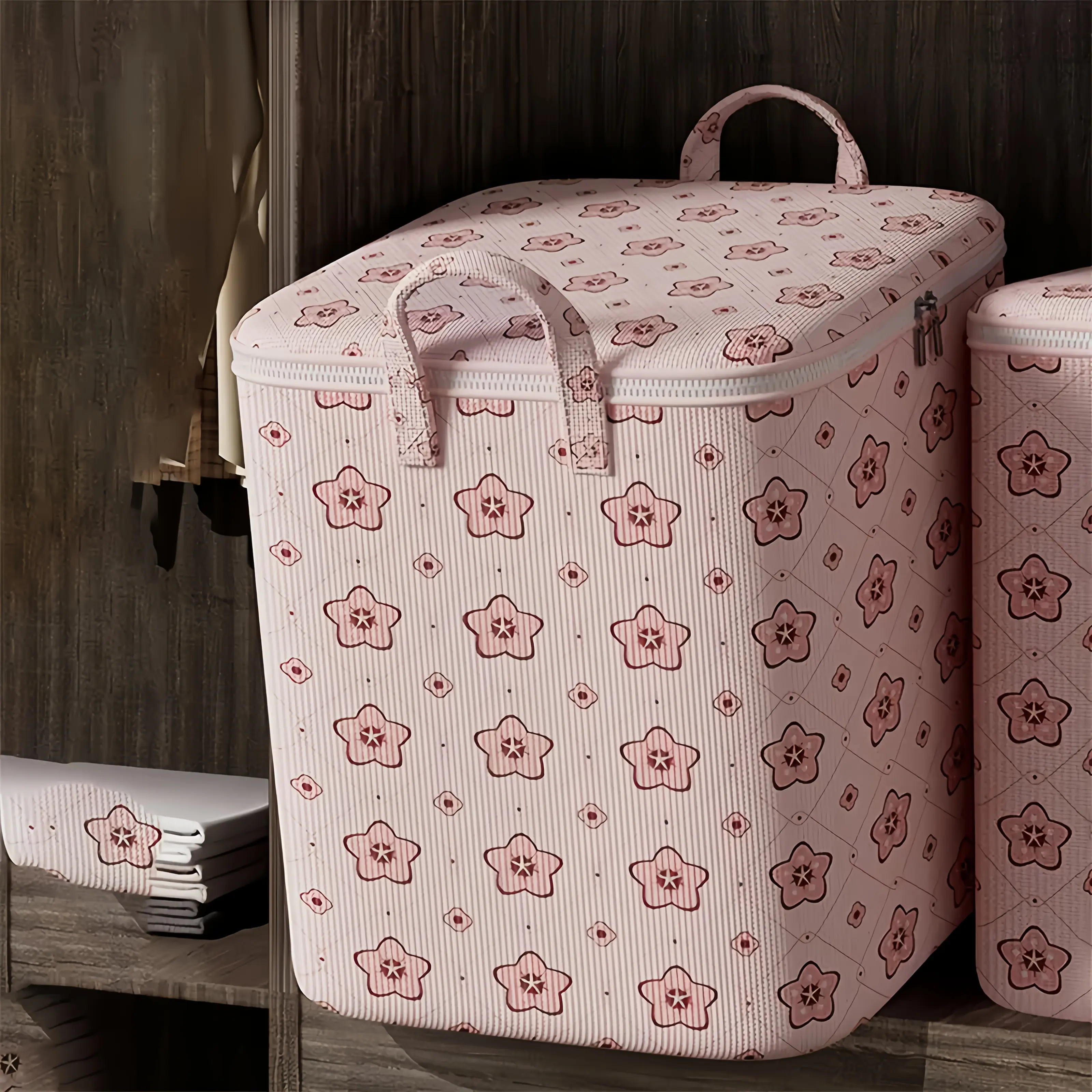 Large Pink Collapsible Non-Woven Fabric Storage Organizer Bag - Waterproof Bin for Comforters, Bedding, Blankets - Bedroom Closet Organization Essential, Storage Organization, Fold For Space