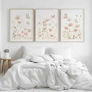 3 Pieces Boho Butterfly Animal Floral Art, Pink Beige Wildflower Wall Mural, Modern Spring Home Art, Eclectic Gallery Decor, Soft Tone Poster, Wall Decor for Living Room and Bedroom, Framed or Unframed.