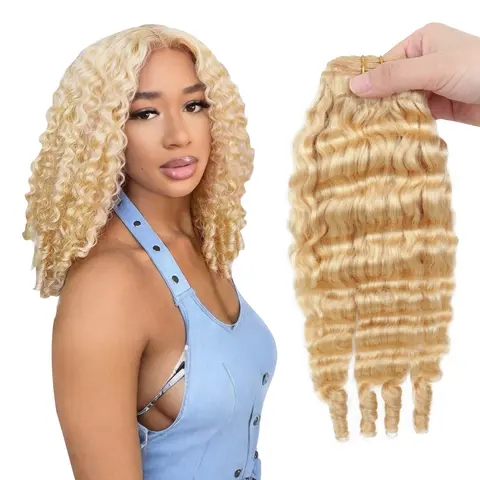 613 Blonde 3C4A Deep Wave Virgin Human Hair Bundles - 1pcs/lot, 10-24 inches (14in, 16in, 20in Options), Double Weft Wavy Hair Extension, Spiral Curl, Shed-Free Quick Weave, Dyeable for Voluminous Look, Sohochic