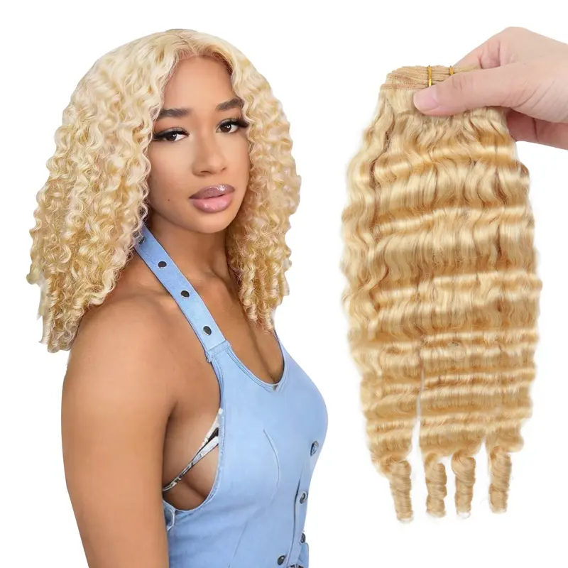 613 Blonde 3C4A Deep Wave Virgin Human Hair Bundles - 1pcs/lot, 10-24 inches (14in, 16in, 20in Options), Double Weft Wavy Hair Extension, Spiral Curl, Shed-Free Quick Weave, Dyeable for Voluminous Look, Sohochic