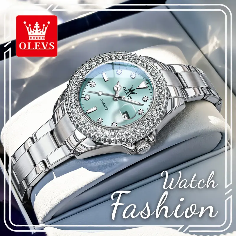 OLEVS Watches for Women, Modern 34mm Elegant Quartz Watch with Stainless Steel Bracelet, Sunburst Dial, Rhinestone Bezel, Luminescent Hands & Date Window, Accessories For Women, 30M, Quartz Drive, Steel Strap