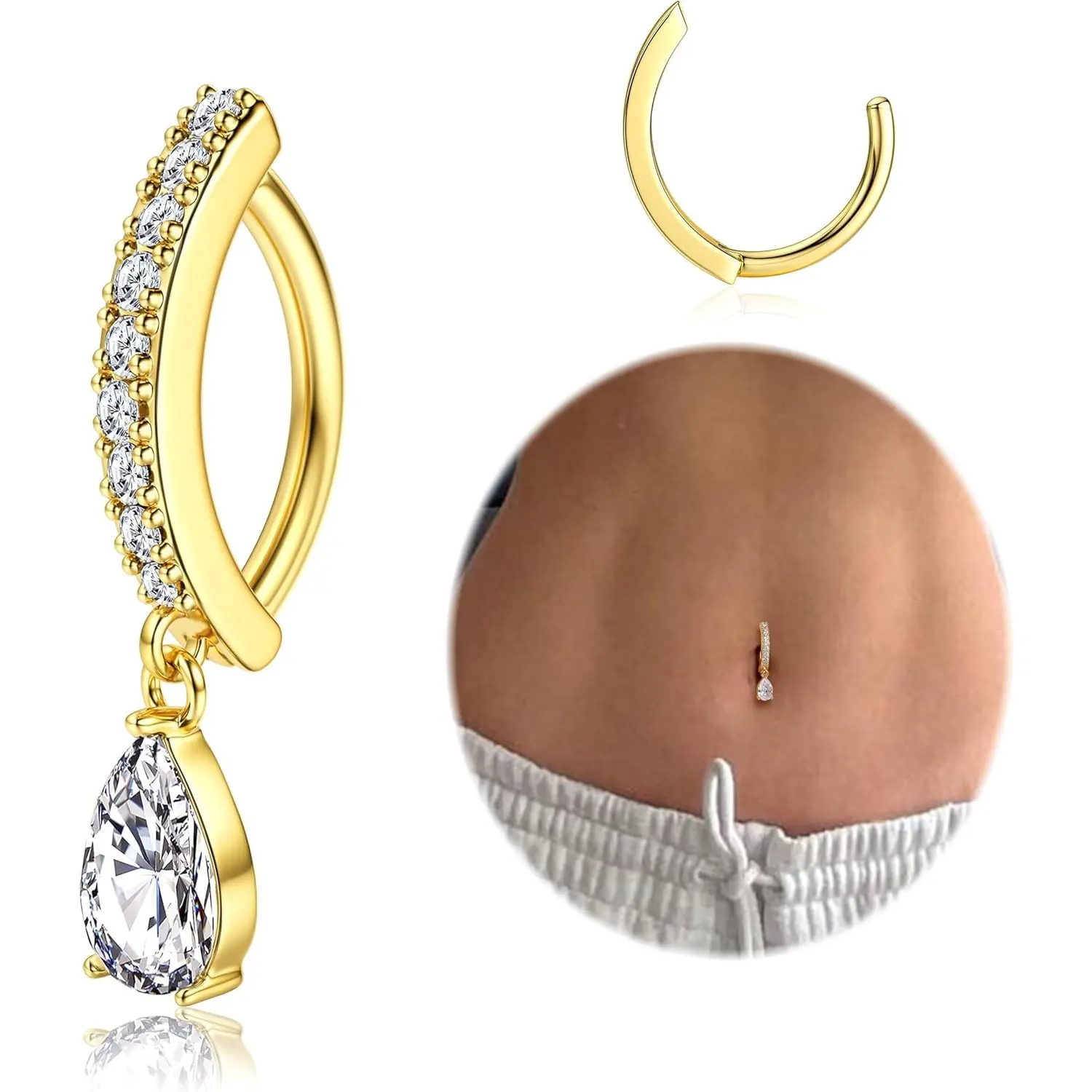 Milacolato 14G Surgical Steel 14 karat Plated Gold Belly Bar - Hypoallergenic Dangly Navel Piercing Jewelry with Cubic Zircon and Pearl Click Closure summerwins, Clicker Belly Bar, Cubic Zirconia Belly Button Piercing