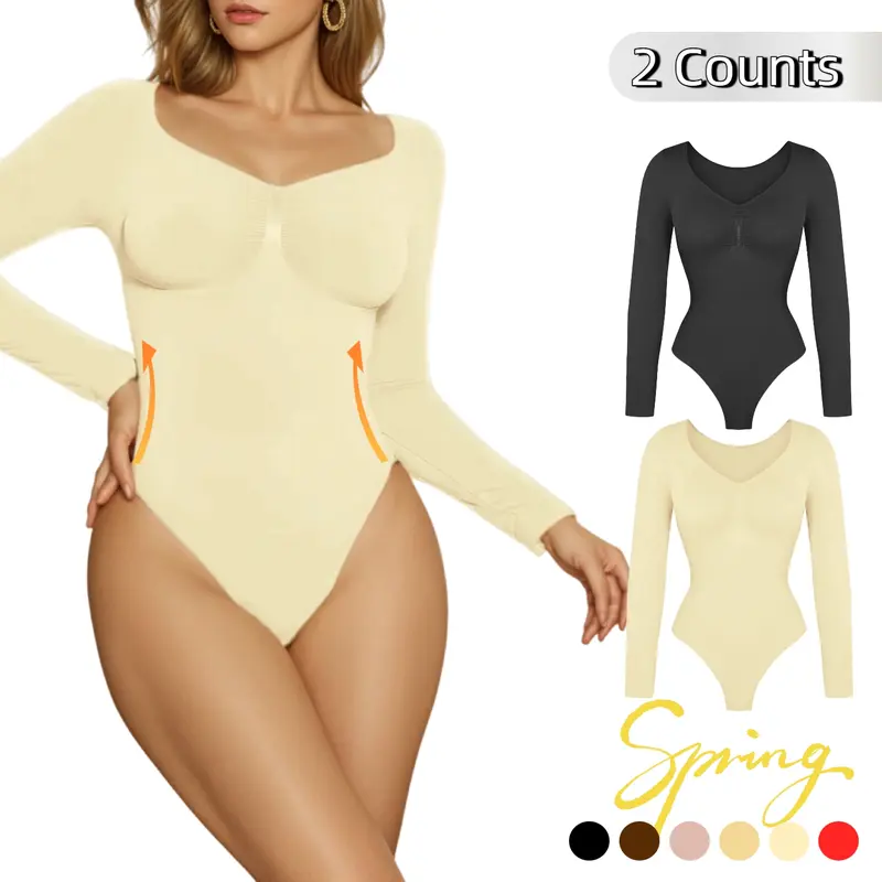 Women’s Seamless Shaping Bodysuit – Long Sleeve V-Neck Tummy Control Thong Shapewear, Sculpting Body Suit, Arm Shaper, Lightweight Compression Top, Fashion Nova Style, Body Leggings Look, Spring Wear