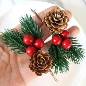 12-Piece Artificial Pine Cones & Berries Branches, Realistic Christmas Tree Decorations, Holiday Home Accents, Plastic Material