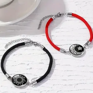 2pcs Set of Fashion Romantic Day and Moon Lovers Stainless Steel Luminous Gem Braided Bracelet Valentine's Day Couple Bracelet Jewelry Charms