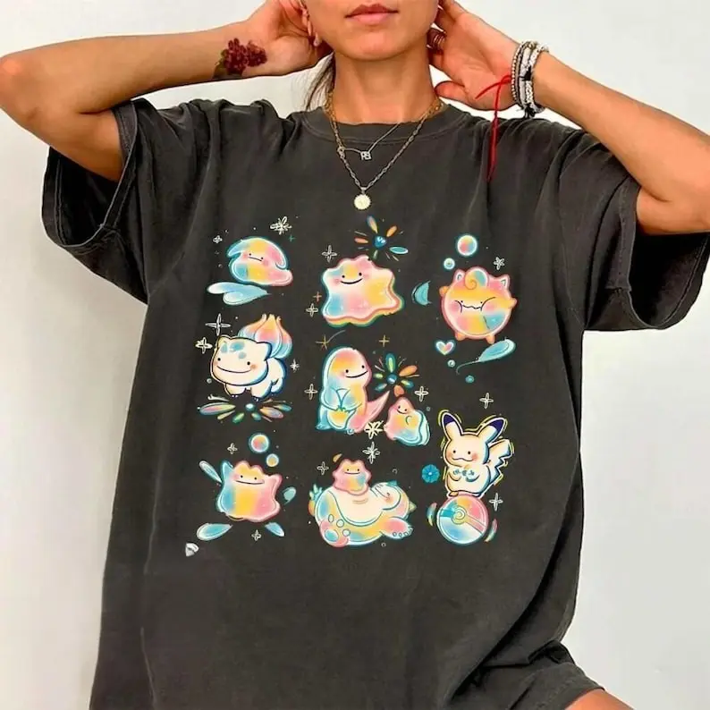 Women's Pastel Ditto Pocket Monster Casual Top, Cute Rainbow Anime Character Graphic Tee, Kawaii Lady Streetwear Style Gamer Gift