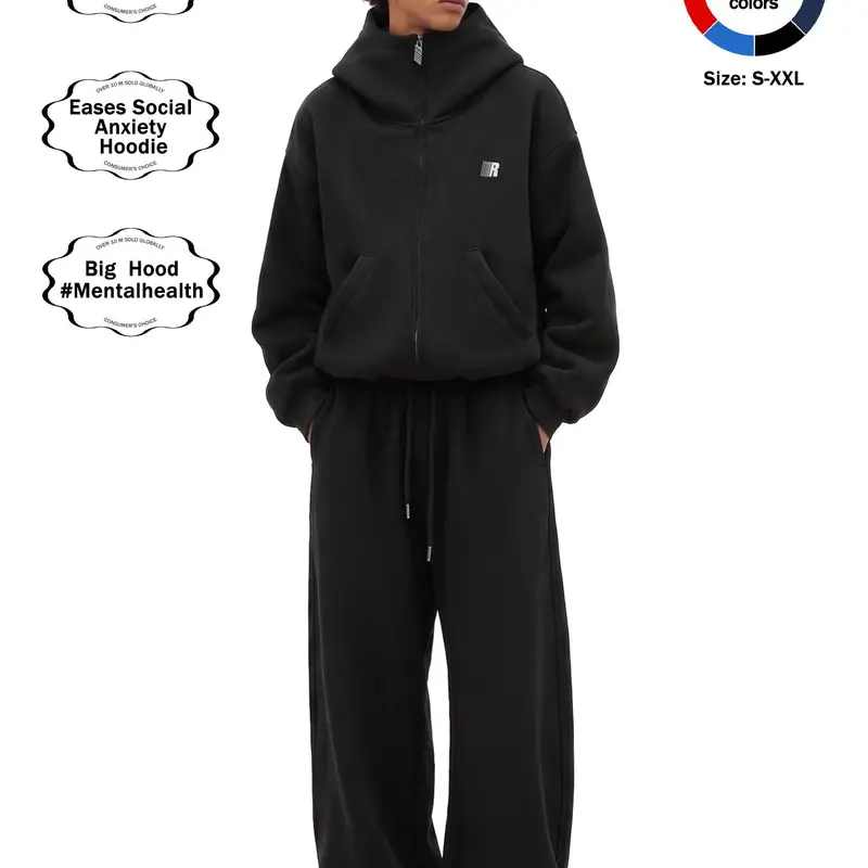 FDR Big Hood Eases Social Anxiety Hoodie for Men & Women High Neck Zip-up Sweatshirt Essentials Minimalist Heavyweight Hoodies Casual Longsleeves Top Embroidered Unisex Vintage Pullover Perfect for Daily Wear,Sports,  Activewear, S