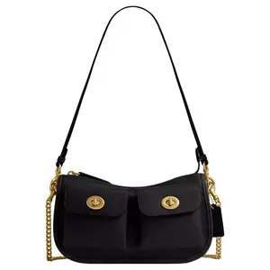 COACH Waverly 24 Crossbody Shoulder Bag for Women with Double Twist Lock Hardware, Multiple Pockets, and Chain Detail in Black Genuine Leather