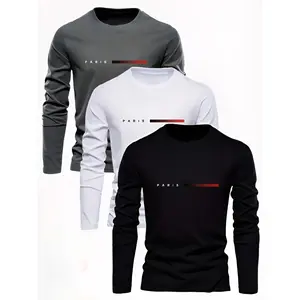 3-Pack Men'S Casual Crew Neck Long SleeveT-Shirts-Knit Polyester 95%, Elastane 5%- Slight Stretch Style with Random Print Design Black+Gray+White Women's V-neck solid Tshirt Women's Workout Tops Menswear Streetwear Basic Crewneck Fabric Natural Motocross