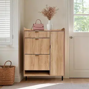 35"  Fluted Shoe Storage Cabinet, Narrow Hidden Shoe Rack Cabinet with Metal Legs, Narrow Shoe Organizer, 2 Flip Drawers, for Entryway, Hallway, Living Room, Natural Oak