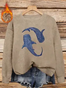 Whale Shark Pattern Faux Fur Round Neck Top, Soft Loose Fit, Ocean Print, Casual Fall & Winter Fashion, Textured Comfortable Style