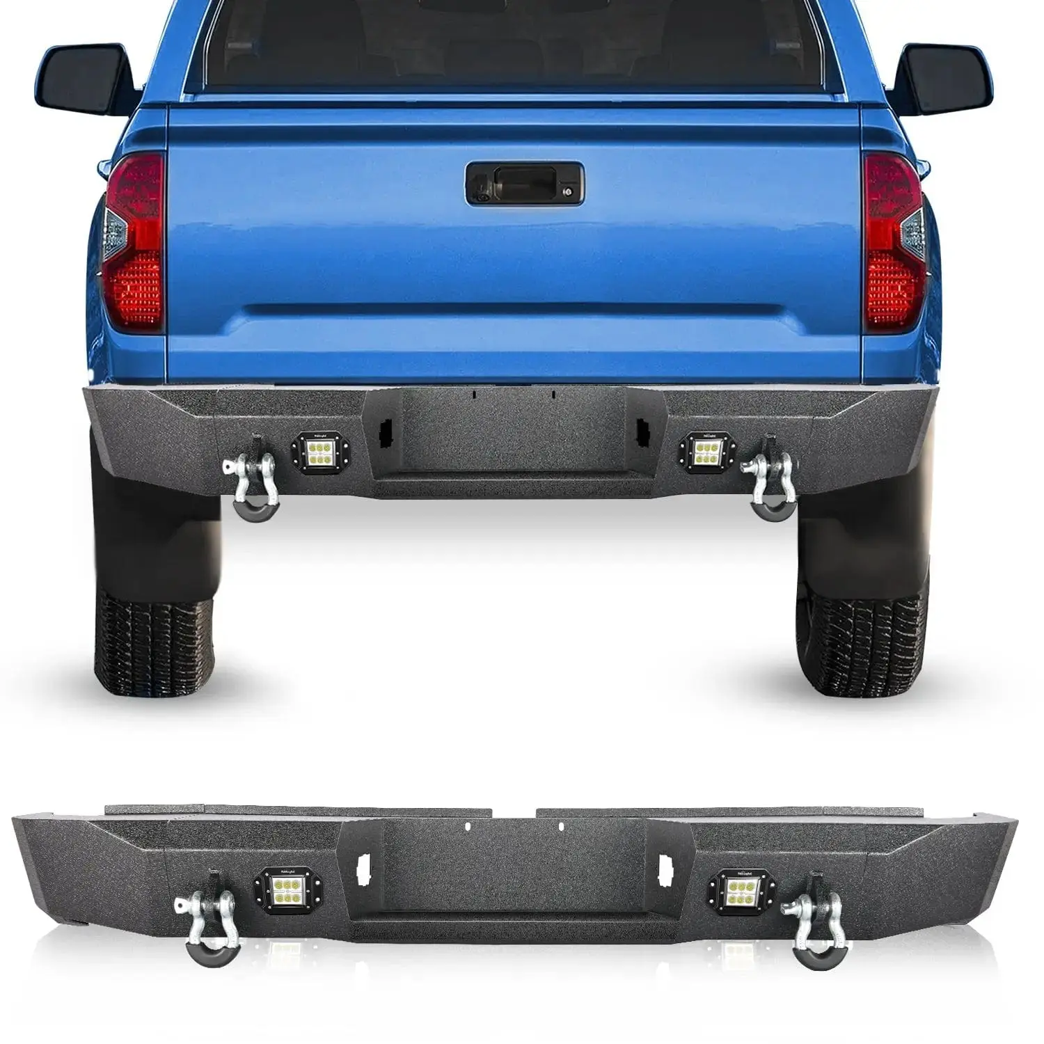 Nilight Full Width Rear Step Bumper for 2007-2013 Toyota Tundra, Textured Black Solid Steel Bolt-On Off-Road Bumper with 2Pcs 18W LED Lights, 2 x 4.75ton D-Ring Isolators & Steel Sheet Protection