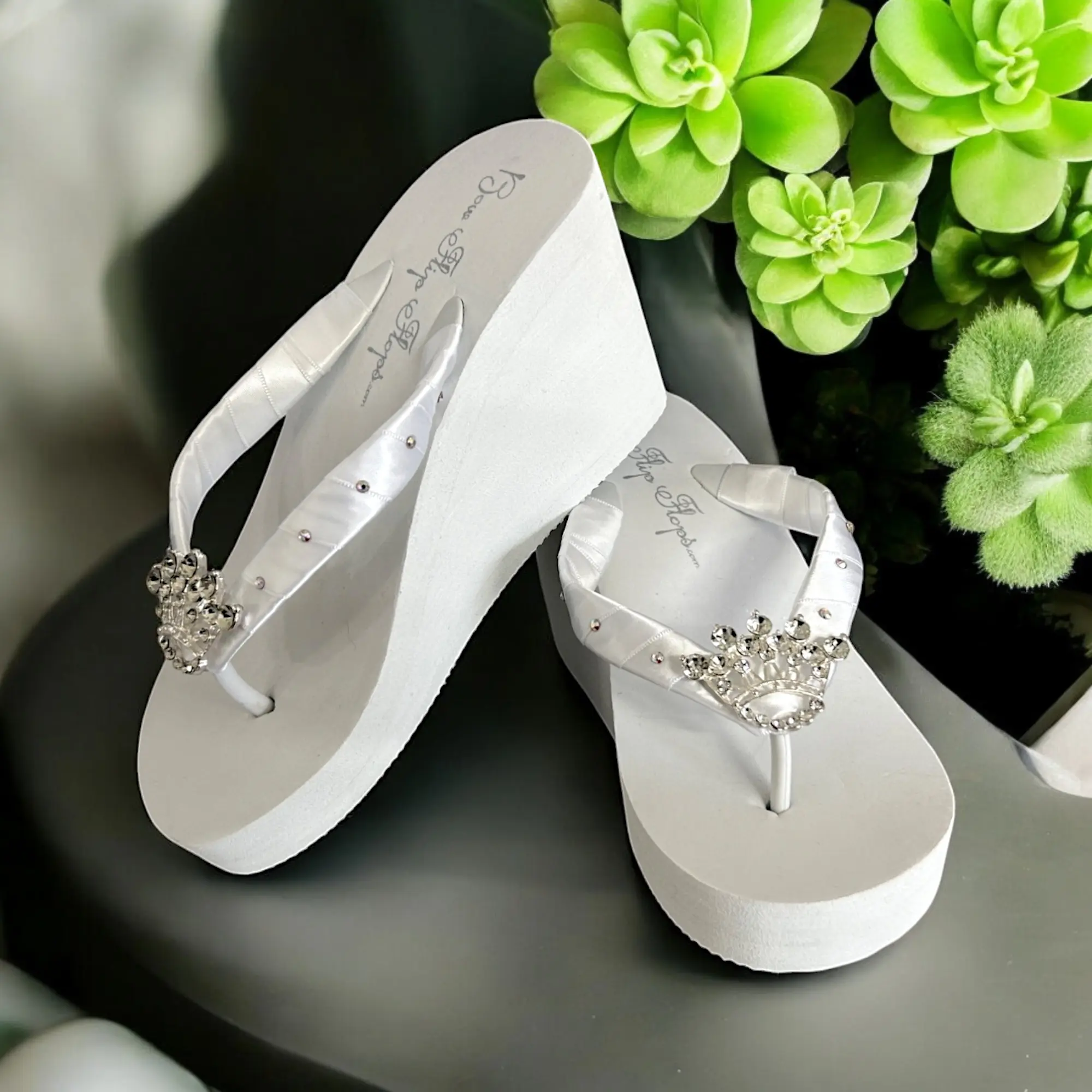 Rhinestone Princess Crown Flip Flops with Crystal Accents , Tiara for Pageant or Quinceañera Sandals, Prom or Wedding Bridal Shoes