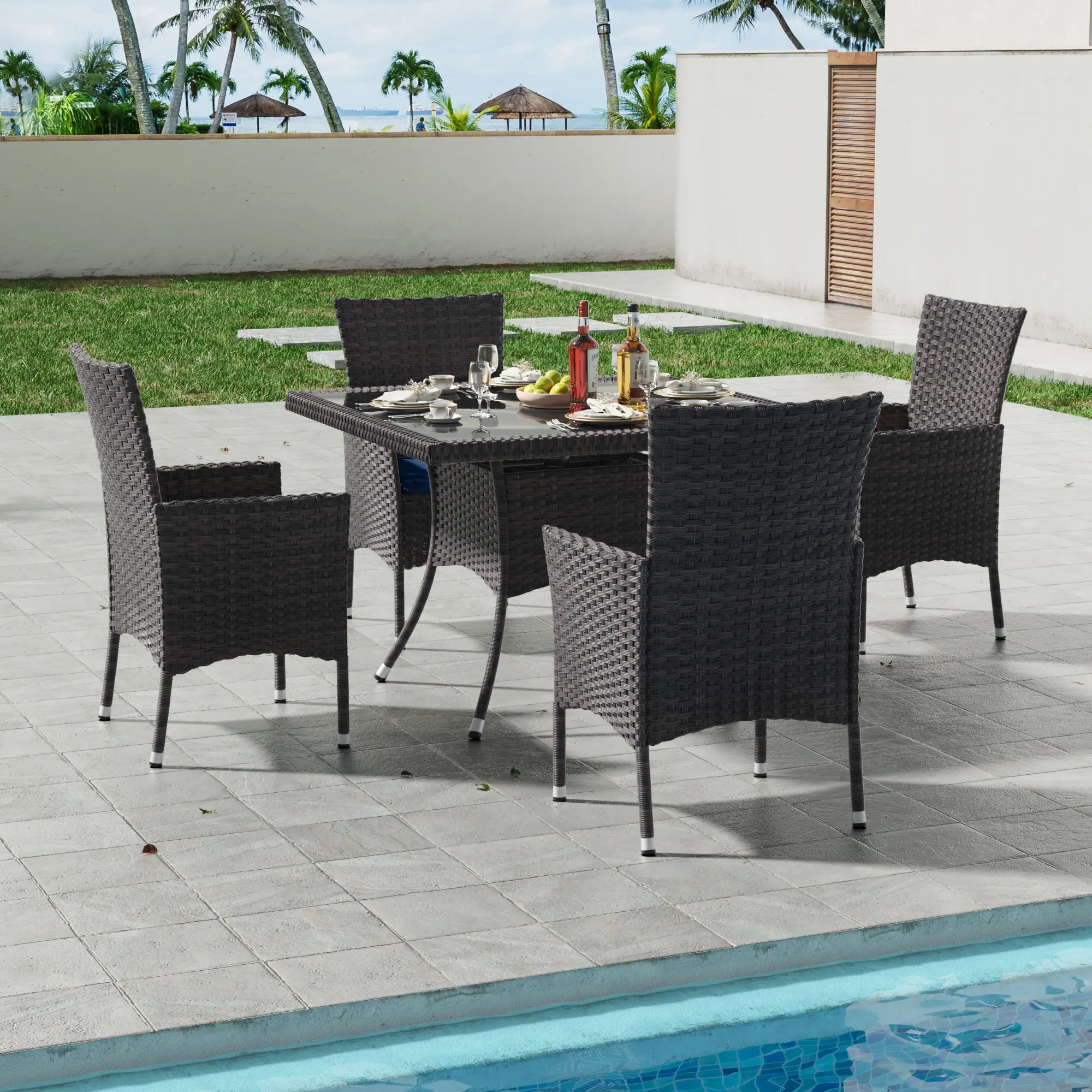 [2 packages delivery]Patio Dining Set All-Weather Wicker Outdoor Patio Furniture Set w/Tempered Glass Tabletop, Removable Cushions and Umbrella Hole f