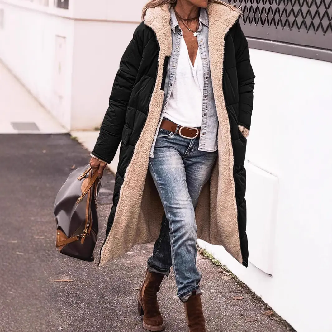 In Stock Cross-Border Women's Cotton Jacket Solid Color Hooded Multi-Color Options Reversible Women's Warm Thickened Coat