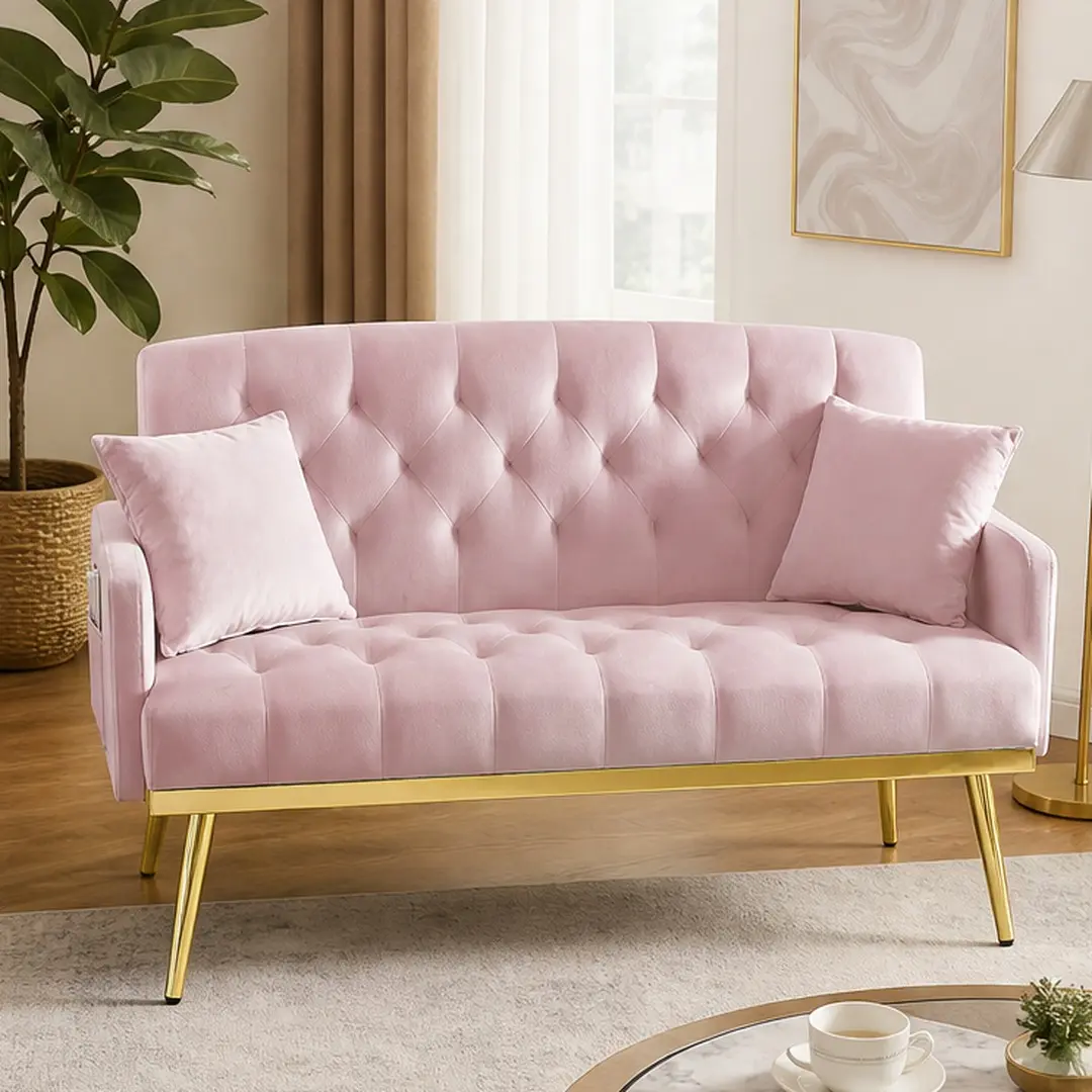 Pink Velvet Small Sofa 2 Seater Couch with Gold Metal Legs Tufted Back and Seat Foam Filled Engineered Wood Frame for Living Room Bedroom Apartment Includes 2 Square Pillows, Pink Color Options, Engineered Wood Material, 2 Seat Seat Count