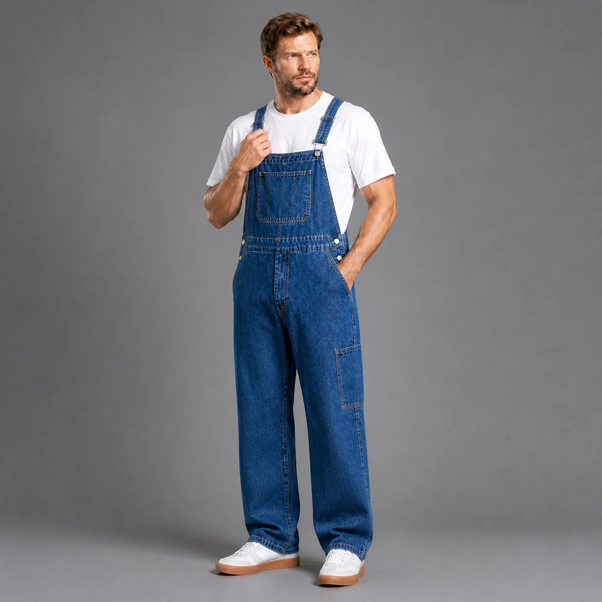 Men's Classic Blue Denim Bib Overalls Multi Pocket Loose Fit Casual Work Overalls