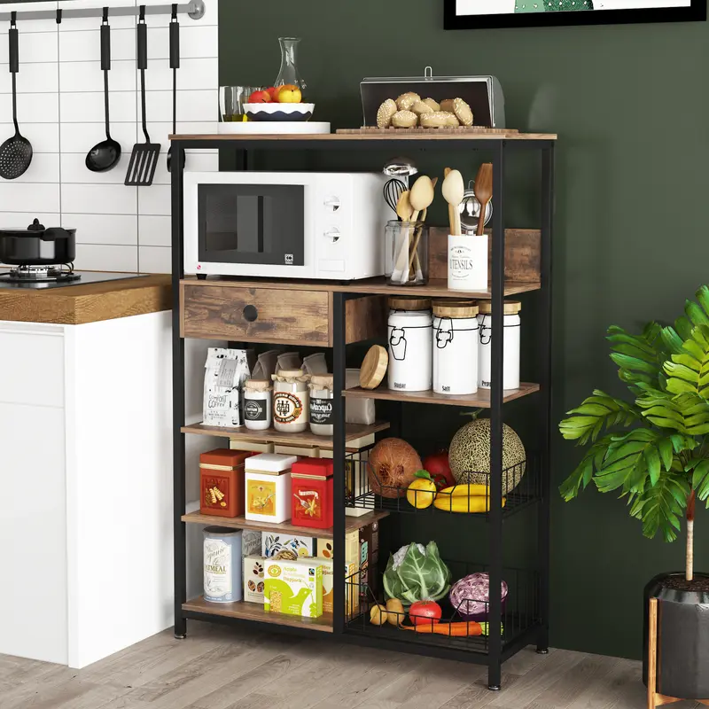 thumbnail image 2 of 5-Tier Solid Wood Baker’s Rack With Storage – Microwave Stand & Coffee Bar Station For Kitchen 2 of 3