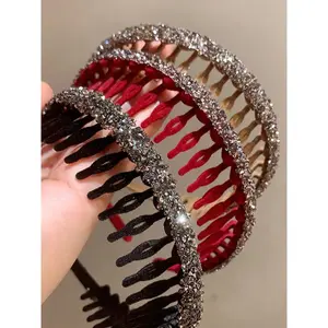 3pcs Flocked  Rhinestone Decorated Hair Hoop, Comb Design Anti Slip Headband, Casual Hair Accessories For Women & Girls, Bling Hair Headband