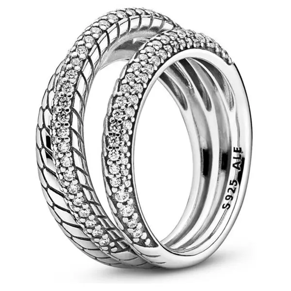 PANDORA Statement Triple Band Ring for Adults, Hand-Finished Sterling Silver with Mixed Textures, Snake Chain Pattern, and Pave Elevated Middle Ring
