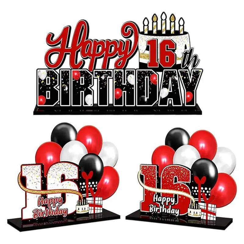 16th Birthday Party Decoration Set, 3 Counts/set Including Happy 16th Birthday Cake Topper & Desktop Ornament & Balloon, Birthday Party Decoration Supplies, Gifts