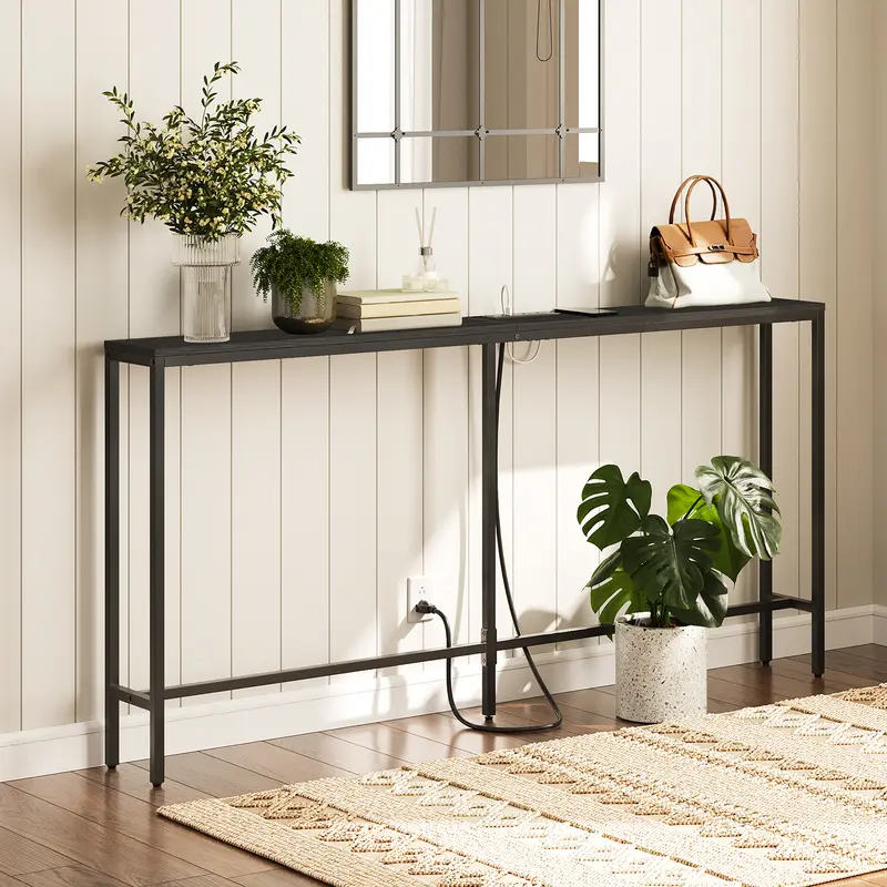 MAHANCRIS 63" Rectangle Industrial Design Console Table - Engineered Wood, 7.9" Slim Footprint, Classic, Storage, Power Outlets, USB Ports, Assembly Required, Small-Space Hero for Living Room Sofa Side Charging