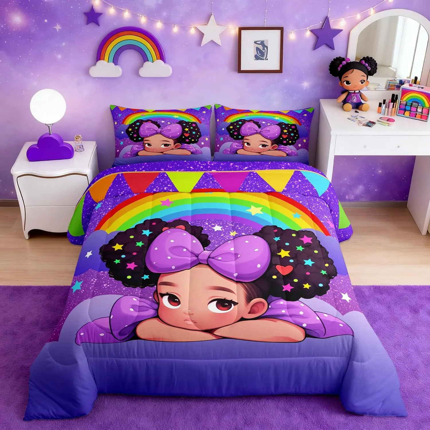 Black Princess Comforter Set,African American Bedding Set Glitter Starry Sky Rainbow Purple Quilted Duvet Cute Bedroom Decor Pretty Magical Bedspread