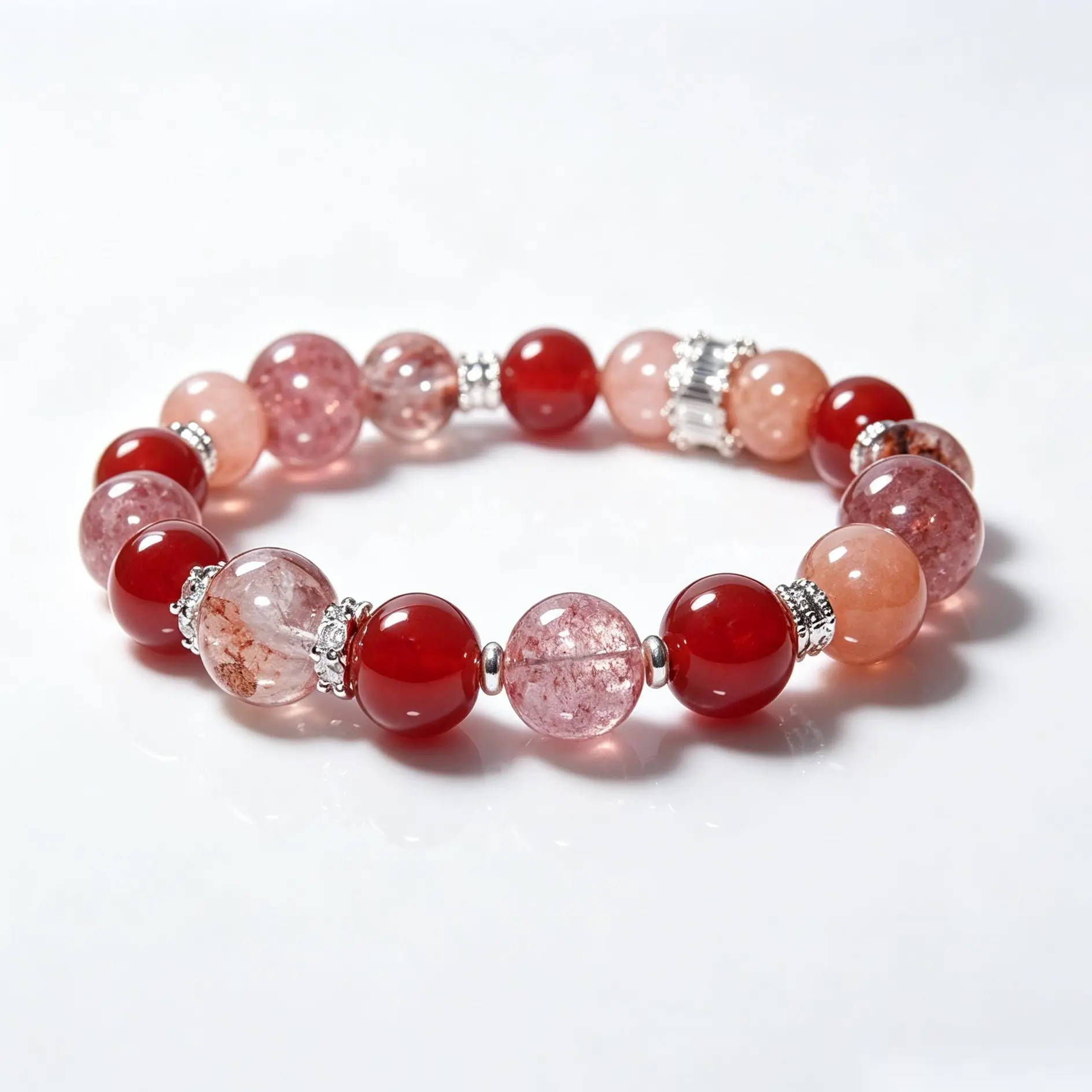 Fire Element Energy Beaded Bracelet, A Natural Healing Crystal Jewelry Design with Red Agate and Strawberry Quartz, Bracelet Design