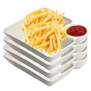 4 PCS Chip and Dip Serving Platter Set, Divided Party Trays, Reusable Dumpling Plate with Sauce Holder
