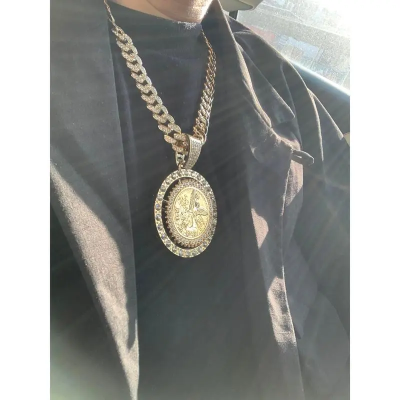 14K Gold Plated Roulette Pendant with Austrian Rhinestones Miami Cuban Link Chain Italy & Micro Inspired Unisex Hip Hop Necklace for Men & Women Jewelry,Daily Wear, Casual Fashion, Sporty Style, Gift Idea