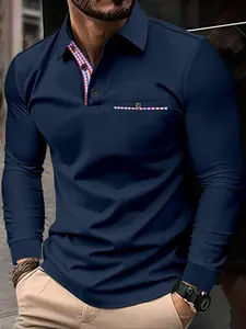 Men's Plaid Patchwork Fitted Long Sleeve Polo Shirt with Chest Pocket Design, Casual Daily Wear Collar Tee Suitable for All Occasions, Stylish Men's Clothing