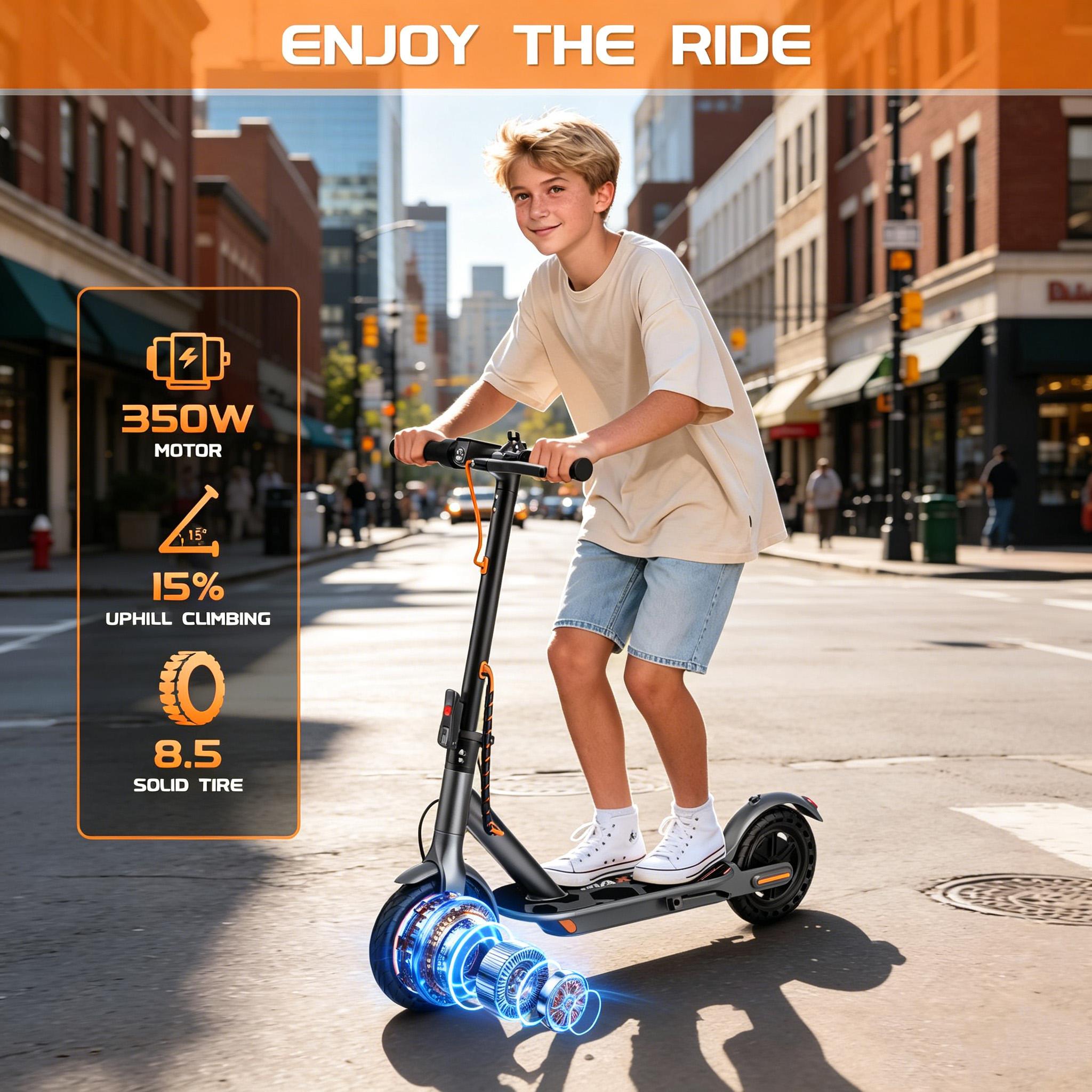 B 2026 Trending Orange Foldable E-Scooter | 350W Electric Scooter for Kids Teens Boys Girls | Dual Brakes 8.5" Solid Tires 15° Climb | Safe Outdoor Adventure Great Gift