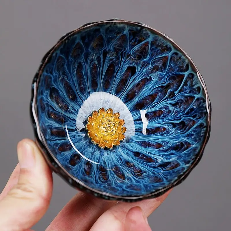 7-Color Handmade Jianzhan Ceramic Tea Cup Set, Unique Peacock Ice Lotus Design Kitchen Drinkware for Formal Tea Drinking & Hot Beverages