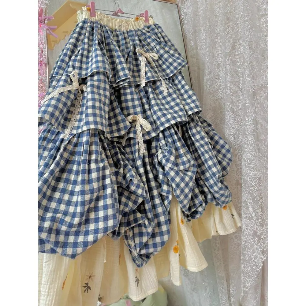 Y2k Korean Sweet Fit Chic Plaid Patchwork Skirt Women New Fashion Vintage Bow Print Fluffy Skirts Lovely Clothes Spring Womenswear Bottoms