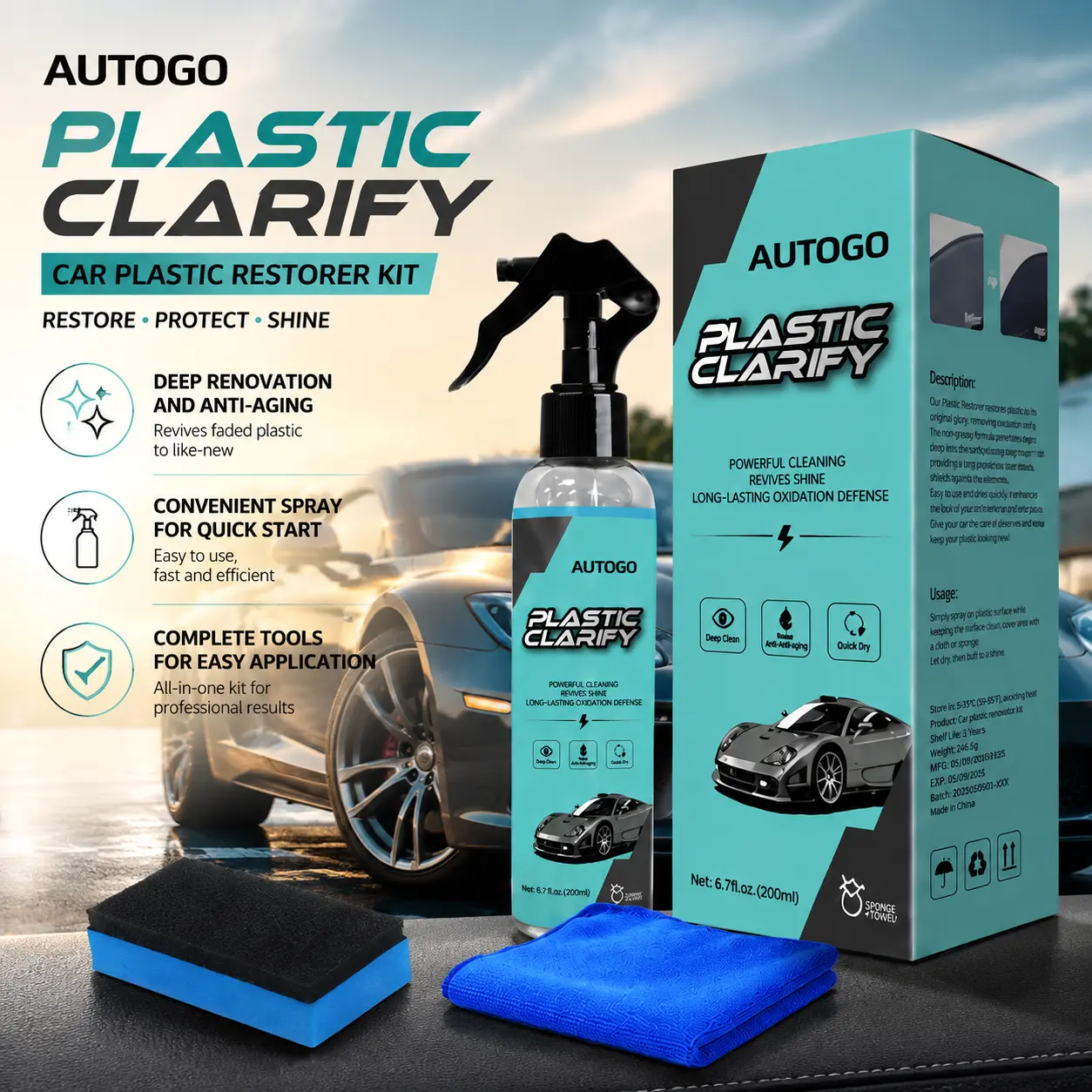 200ml Waterless Spray Wax Bottle - Multifunctional Plastic Coating Agent, Surface Cleaner, Spray-On Automotive Interior Detailer, Leather Cleaner, Rubber Protector, Easy-Use DIY Car Care Solution with Long-Lasting Ceramic Shine
