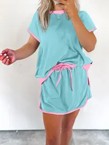 Women's Casual Two-Piece Set Short Sleeve Colorblock Drop Shoulder Fitted T-Shirt with High Waist Skirt Fashion