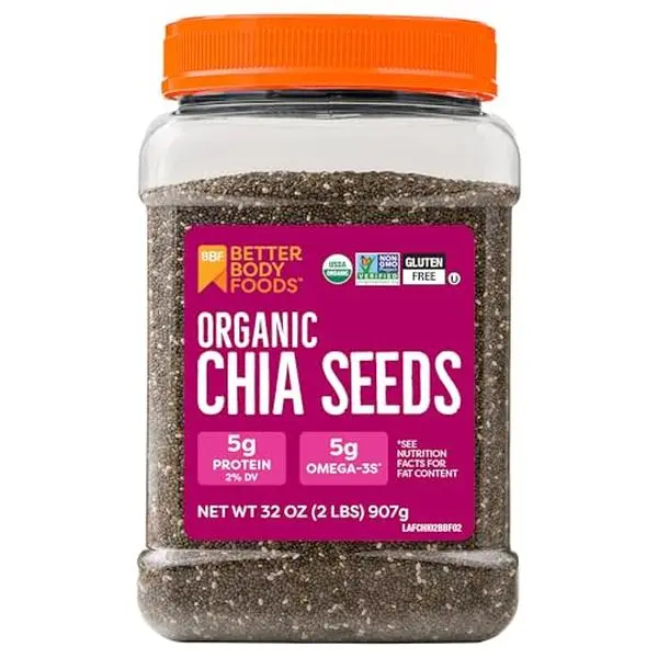 BBF Organic Chia Seeds 32 Oz, Omega-3 & Fiber, Pudding, Smoothies, Oatmeal | High Fiber Chia Seeds, Omega 3s, Plant-Based Protein, Overnight Oats, Egg Replacement for Baking, BetterBody Foods