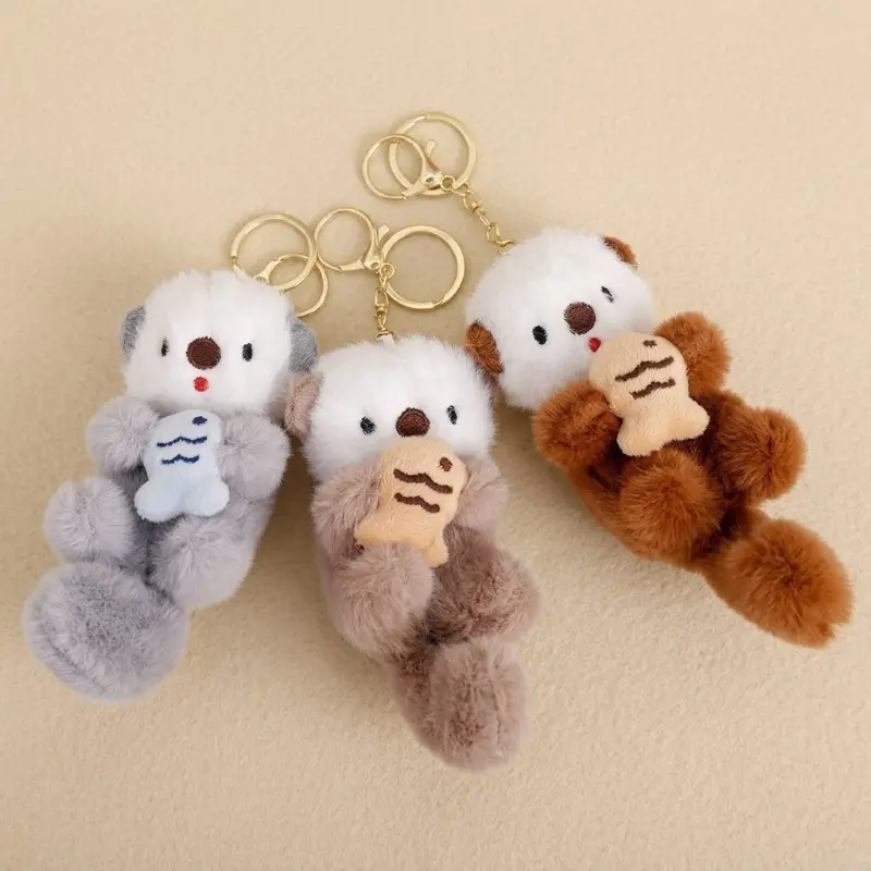 3pcs Brown Otter Plush Toy Keychains with Fish Design, Soft Stuffed Animal Pendants, High-Quality Metal Charms for Bags & Keys, Ideal Gift for Otter Lovers