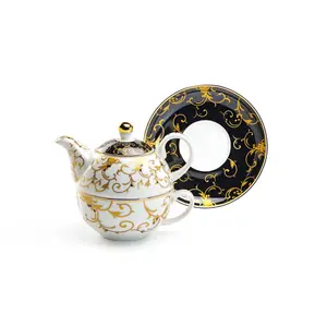 Grace Teaware - Black Gold Scroll Fine Porcelain Tea For One Set