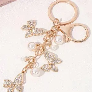 Butterfly Keychain n with Crystal Accents and Pearl Charms for Elegant Key Accessory