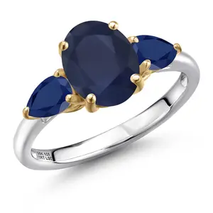 Gem Stone King 3.20 Cttw Blue Sapphire 3-Stone Engagement Ring For Women | 925 Silver and 10K Yellow Gold | Oval 9X7MM | Gemstone September Birthstone