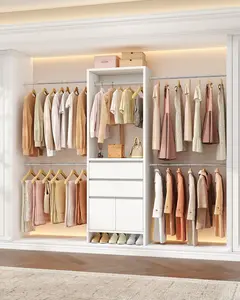 Hzuaneri Closet System with 2 Drawers, Walk-in Closet Organizer System Wooden Storage Systems with 4 Hang Rods & Shoe Cabinet, Wardrobe Clothes Rack Garment Rack Fits Spaces 6-10 ft