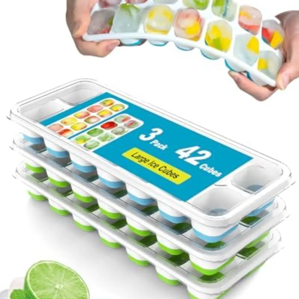 Ice Cube Trays for Freezer - 3 Pack 42 Cubes, Easy to Release Silicone Ice Trays with Spill-Resistant Lids, Reusable Ice Tray,Stackable and BPA-Free, Perfect for Cocktails, Drinks,and Ice Coffee