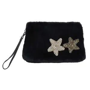 Star Patches Fuzzy Faux Fur Wristlet Clutch Bag