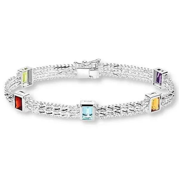 Imperial Silver Sterling Silver Multigem Wheat Chain Bezel Bracelet