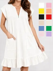 Soft Ruffle Loose Zipper Pockets Dress Summerwins Ruffle Hem Beach Vacation Work Daily Dress Womenswear Minimalist Vneck Basic Casual