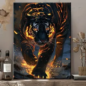 2D Wood Frame Canvas Painting Tiger In Fire Canvas Wall Art Poster Home Decoration,Festive Occasions Gifts Living Room And Bedroom, Ready To Hang