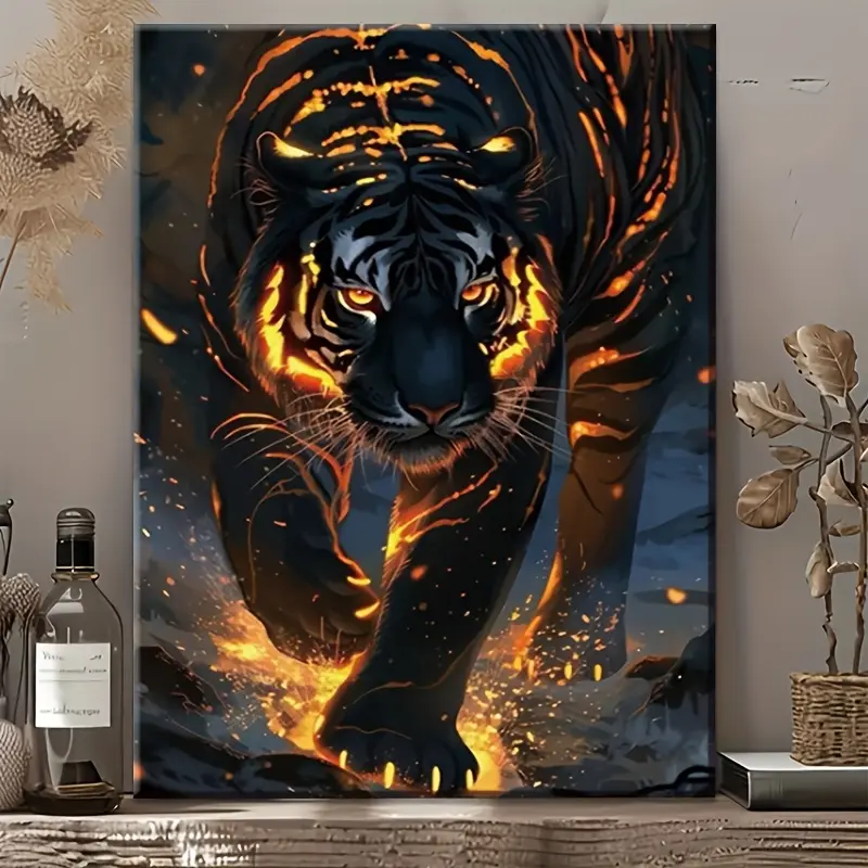 2D Wood Frame Fire Tiger Animal Art Print Poster - Multi-Size (12x16in, 20x30in), Ready-to-Hang Wall Decor, Decorative Home Art for Living Room, Festive Gift