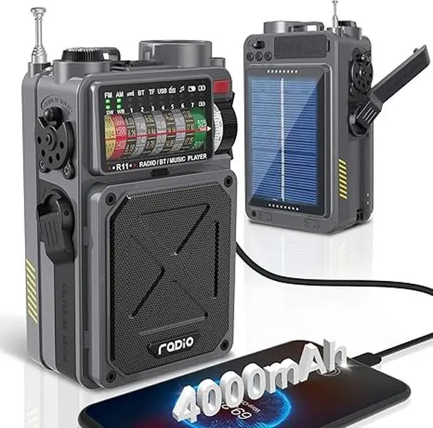 Emergency Crank Radio- Emgykit 4000mAh/14800mWh AM/FM/WB/SW/NOAA Weather Radio with Bluetooth,Flashlight,SOS Alarm, Powered by USB Charged,Hand Crank & Solar Power for Camping, winter storm