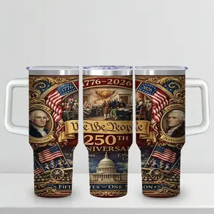 America 250th Anniversary Commemorative 30 oz Tumbler, "We The People" Constitution Inspired Design, 1776-2026 Semi-quincentennial Travel Mug, Insulated Stainless Steel Cup with Handle & Straw